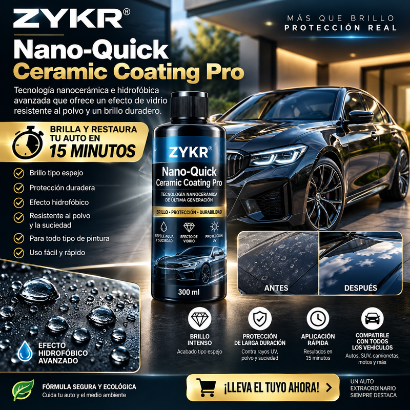 ZYKR KIT Nano-Quick Ceramic Coating Pro para automóviles, con tecnología nanocerámica e hidrofobica avanzada que ofrece un efecto de vidrio resistente al polvo y un brillo duradero. 300 ml. Brilla y restaura tu auto en 15 minutos
