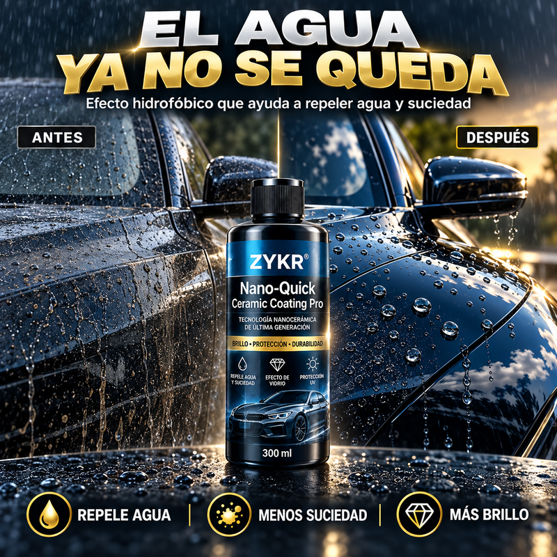 ZYKR KIT Nano-Quick Ceramic Coating Pro para automóviles, con tecnología nanocerámica e hidrofobica avanzada que ofrece un efecto de vidrio resistente al polvo y un brillo duradero. 300 ml. Brilla y restaura tu auto en 15 minutos