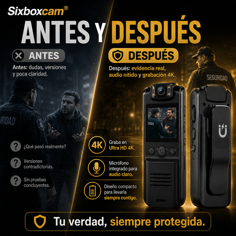 Sixboxcam® Cámara Corporal 4K con Grabación de Audio y Vídeo, Cámara Ponible Mini de 128GB con Cordón Magnético, para Viaje, Ciclismo, Seguridad Laboral, Aplicación de la Ley Policial