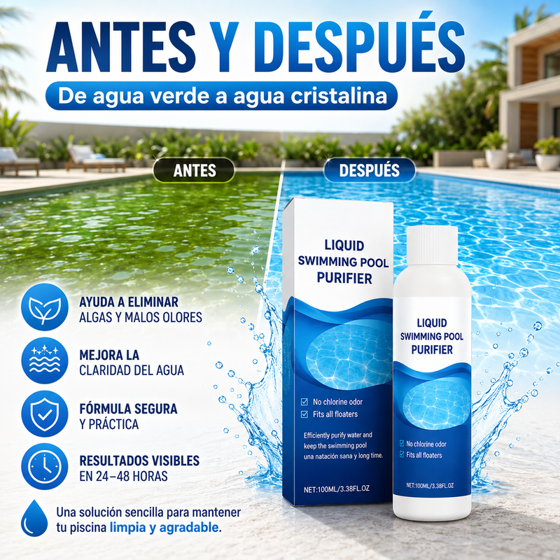 Líquido purificador para piscinas: ¡agua cristalina sin esfuerzo! ✨ Dile adiós al agua verde y a los químicos agresivos: disfruta de una natación sana y natural en todo momento.