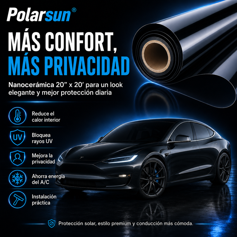 Polarsun® rollo de nanocerámica, 20 pulgadas x 20 pies, privacidad, protección solar y antideslumbrante, bloqueo de calor y UV, antiarañazos, 5 capas - Polariza tu carro sin pagar una fortuna