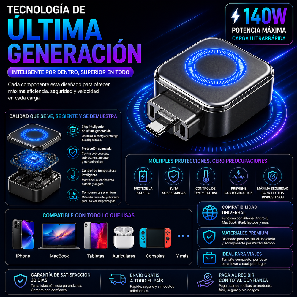 Cargador inteligente súper rápido de 140 W con apagado automático por IA – USB-C PD3.1 – Protección inteligente de la batería – Universal para iPhone, MacBook y tabletas