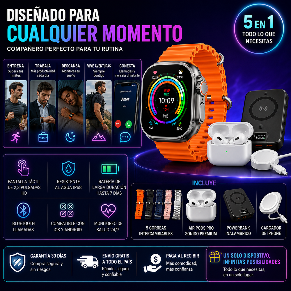 Smart Watch + 5 correas + Air Pods Pro + powerbank inalambrico + cargador de iphone para hombres y mujeres