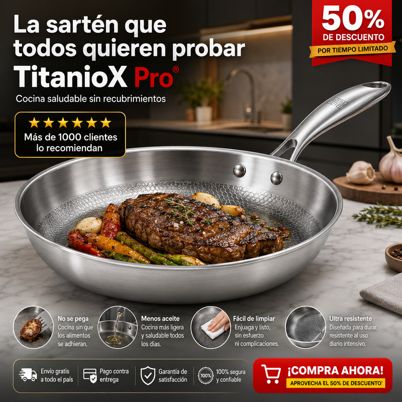 TitanioX Pro® – Sartén de Titanio Puro Antiadherente sin Recubrimientos ni Químicos