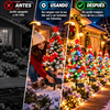 EVEDIOR Set de 4 árboles de Navidad solares para exteriores (35,4 pulgadas / 90 cm de altura), con efecto de nieve, luces LED multicolores y kit de adornos para personalizar; incluye lazos rojos, cascabeles y estrellas para la decoración de los jardines.