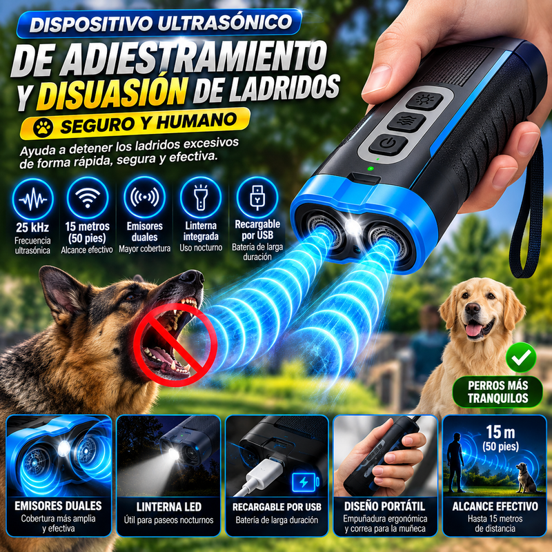 Dispositivo ultrasónico de adiestramiento y disuasión de ladridos: seguro y humano. Recargable por USB, emisores duales, alcance de 15 metros (50 pies), frecuencia de 25 kHz, linterna, empuñadura portátil, correa para la muñeca.