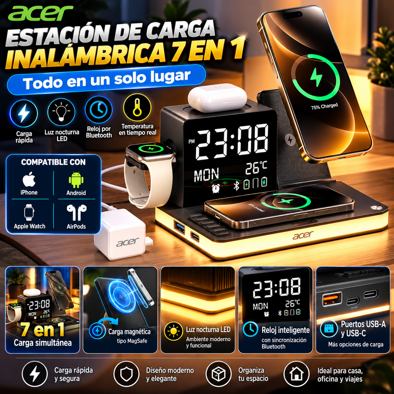 Estación de carga inalámbrica Acer 7 en 1 con carga rápida, luz nocturna LED, reloj con sincronización horaria por Bluetooth y visualización de temperatura, puertos USB-A y USB-C, y compatibilidad magnética MagSafe
