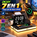 Estación de carga inalámbrica Acer 7 en 1 con carga rápida, luz nocturna LED, reloj con sincronización horaria por Bluetooth y visualización de temperatura, puertos USB-A y USB-C, y compatibilidad magnética MagSafe