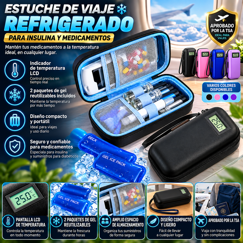 Estuche de viaje refrigerado para insulina, nevera portátil para medicamentos con indicador de temperatura, artículo esencial para viajes, estuche para diabetes con 2 paquetes de gel reutilizables, aprobado por la TSA para suministros para diabéticos.