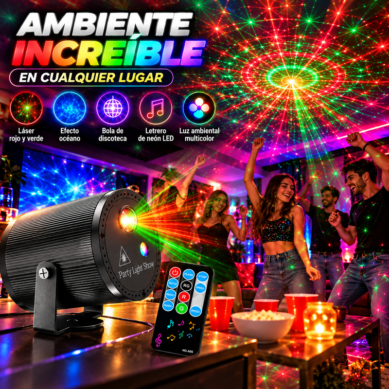 Luz láser LED: diseño cilíndrico (rojo y verde) para bares, salas de karaoke y espacios privados; incluye mando a distancia, Combina funciones de proyector con efecto océano, bola de discoteca, letrero de neón LED y luz ambiental multicolor.