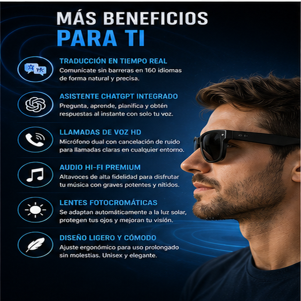 GLOSSI AI Gafas inteligentes con traducción por IA, 160 idiomas, ChatGPT, gafas con audio para hombres y mujeres, micrófono y altavoz, llamadas manos libres, lentes fotocromáticas, ideales para ciclismo, conducción, viajes y regalos
