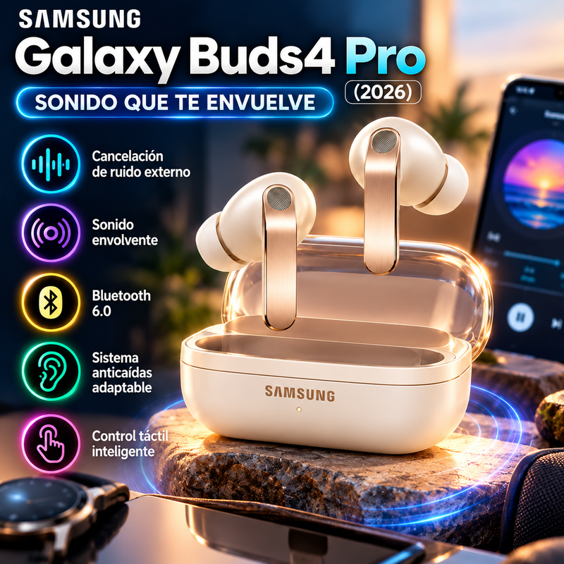 Galaxy Buds4 Pro (2026) Con cancelación de ruido externo, sonido envolvente, tecnología de ondas sonoras, bluetooth 6.0, compatible con android y apple. Control manual para subir y bajar volumen, sistema anticaídas adaptable a cualquier pabellón auditivo