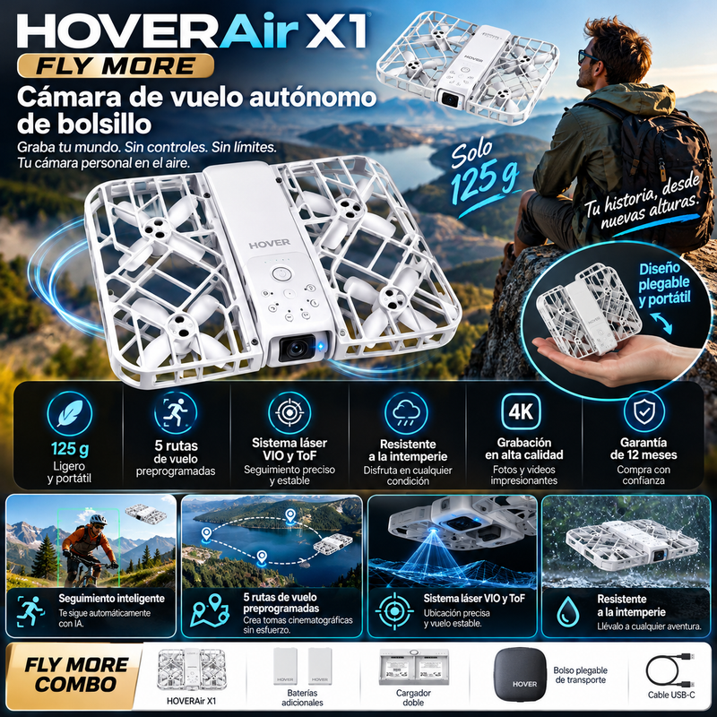 HOVERAir X1 - Fly More Cámara de vuelo autónomo de bolsillo - Fly More Combo 125 g Ligero 5 rutas de vuelo preprogramadas Sistema láser VIO y ToF Resistente a la intemperie Garantía de 12 meses Bolso plegable Drones de grabación electrónica - plegable.