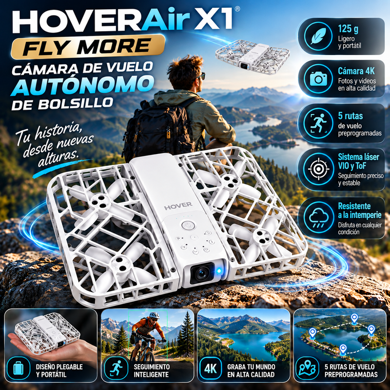 HOVERAir X1 - Fly More Cámara de vuelo autónomo de bolsillo - Fly More Combo 125 g Ligero 5 rutas de vuelo preprogramadas Sistema láser VIO y ToF Resistente a la intemperie Garantía de 12 meses Bolso plegable Drones de grabación electrónica - plegable.