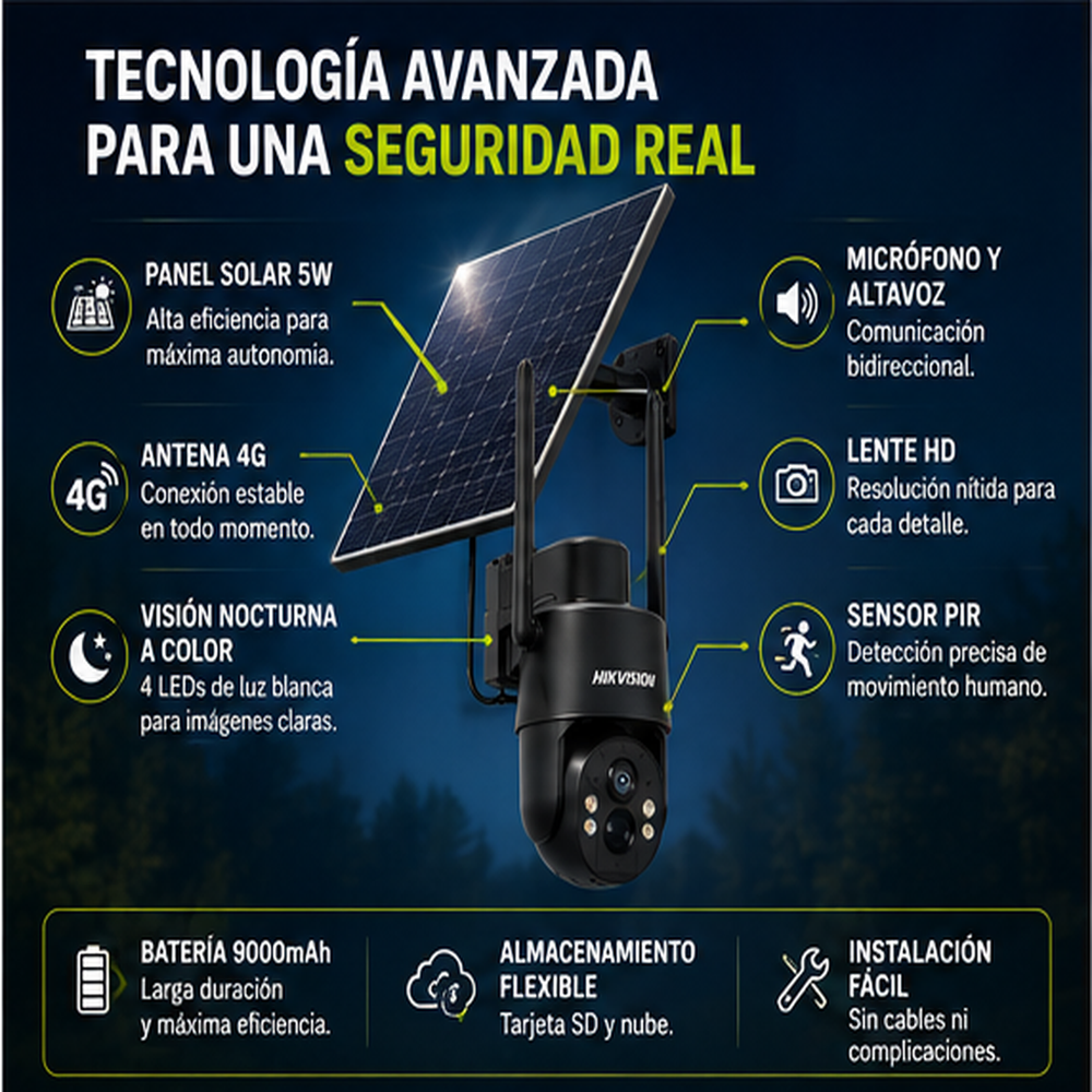 Hikvision® Cámara de seguridad digital 4G con energía solar, lente HD de 4 MP, visión nocturna a color, tarjeta celular integrada, monitoreo remoto y protección IP65; cámara para exteriores sin WiFi ideal para casa, fincas, granjas u hogares