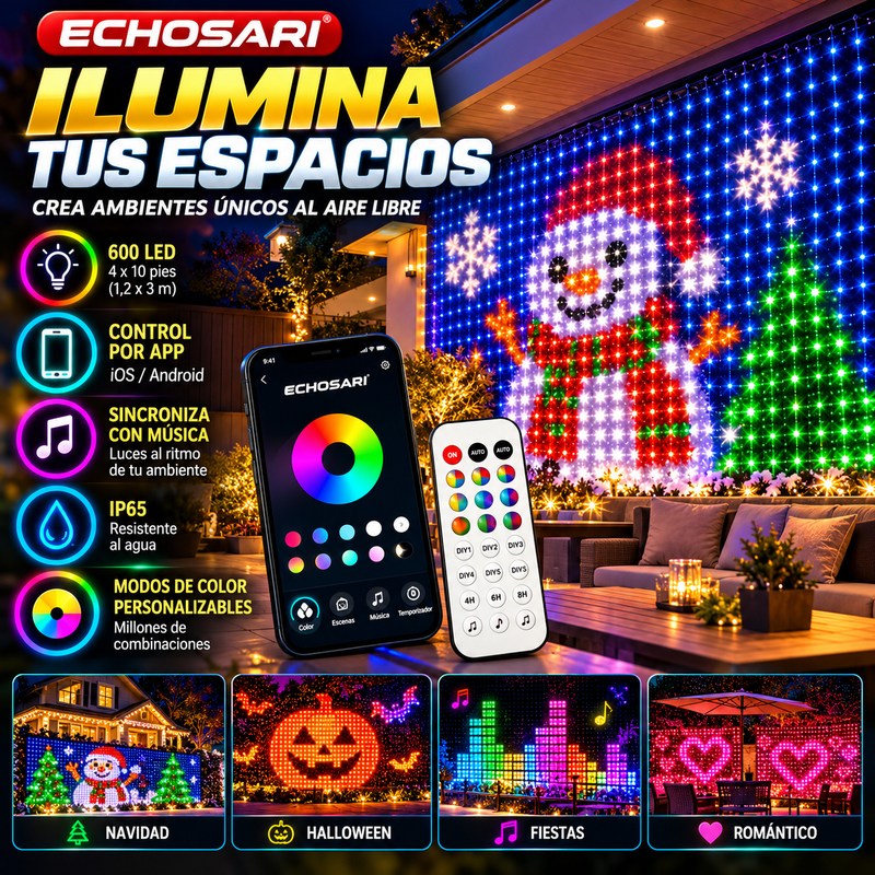 ECHOSARI Red de luces LED inteligentes para exteriores (600 LED, 4x10 pies), con aplicación y control remoto, sincronización con música, resistencia al agua IP65 y modos de color personalizables; ideal para patios, jardines, vallas y decoración de fiestas