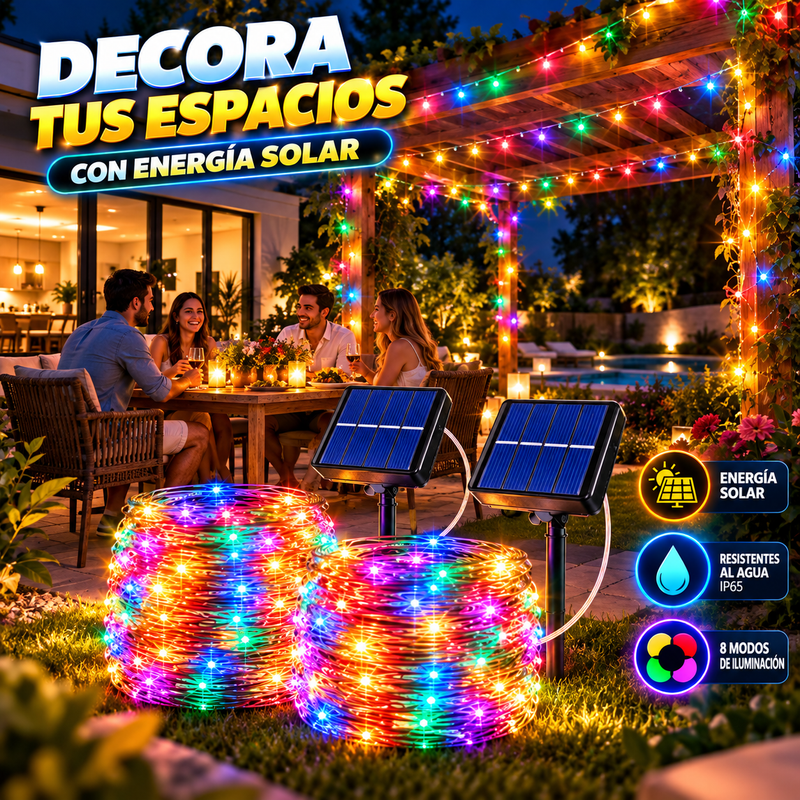 Flacchi - Paquete de 2 guirnaldas de luces solares para exteriores, 24 metros (80 pies) y 240 LED, resistentes al agua, con 8 modos de iluminación; ideales para decoración de jardines, fiestas y patios.