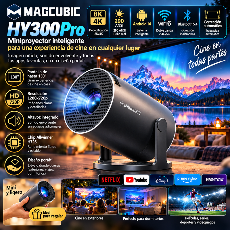 Proyector Magcubic HY300Pro (290 ANSI, Android 14, WiFi 6 de doble banda, decodificación 8K/4K, corrección trapezoidal automática, Bluetooth 5.4 inalámbrico, pantalla de 130", resolución 1280x720p