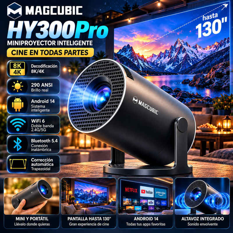 Proyector Magcubic HY300Pro (290 ANSI, Android 14, WiFi 6 de doble banda, decodificación 8K/4K, corrección trapezoidal automática, Bluetooth 5.4 inalámbrico, pantalla de 130", resolución 1280x720p