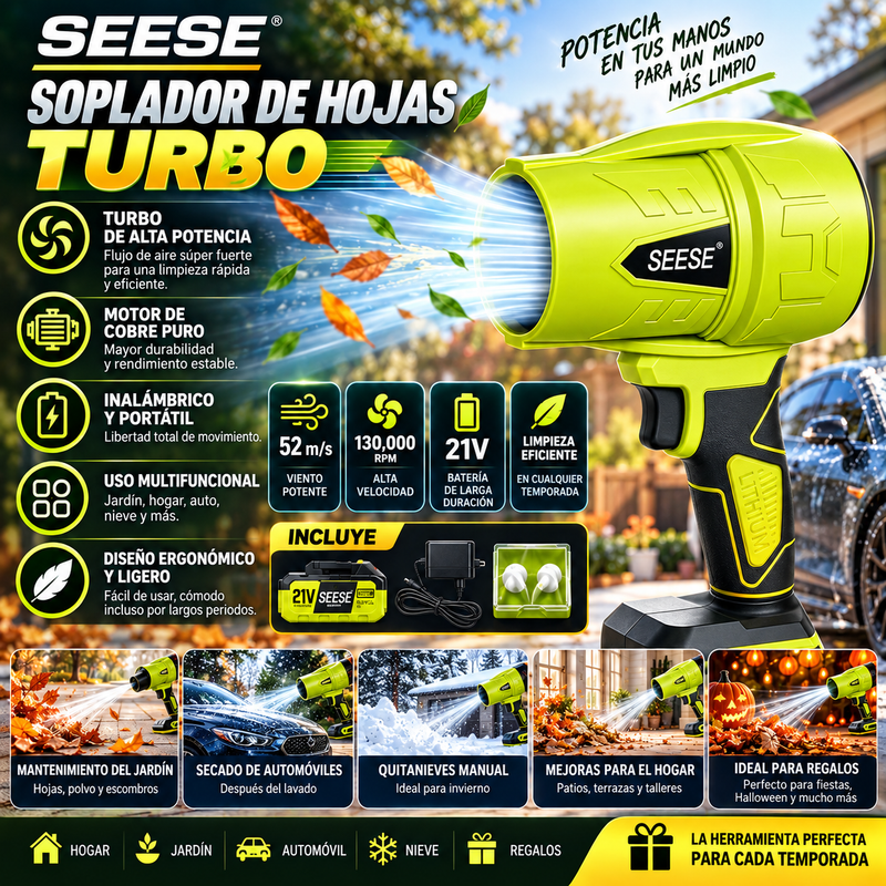 Soplador de hojas turbo SEESE, soplador de hojas inalámbrico, ventilador turbo de alta potencia, motor de cobre puro, secado de automóviles tras el lavado, quitanieves manual, soplador de aire turbo inalámbrico
