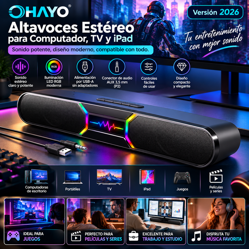 OHAYO Altavoces para computador, TV y ipad. Alimentación por USB-A, estéreo con cable y conector de audio AUX de 3,5 mm (modelo P2) — Para computadoras de escritorio y portátiles; para juegos y para ver películas y series [Versión 2026]