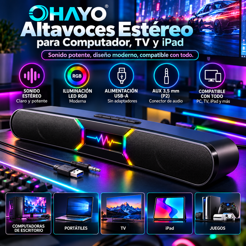OHAYO Altavoces para computador, TV y ipad. Alimentación por USB-A, estéreo con cable y conector de audio AUX de 3,5 mm (modelo P2) — Para computadoras de escritorio y portátiles; para juegos y para ver películas y series [Versión 2026]