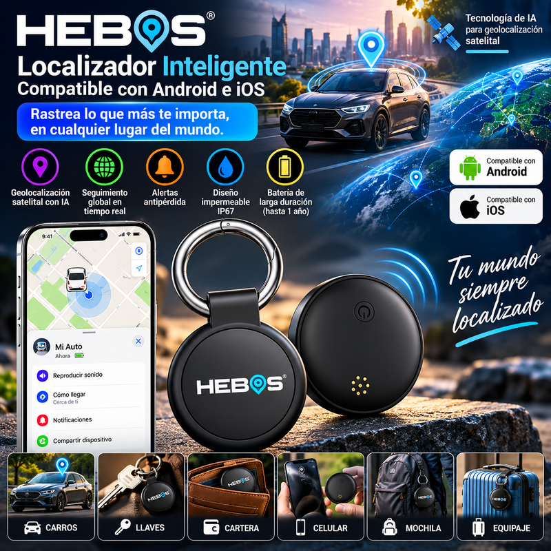 HEBOS Localizador inteligente compatible con Android e iOS | sistema de Rastreo global para carros, llaves, cartera, celular mochila y equipaje, tecnología de IA para geolocalizacion satelital.
