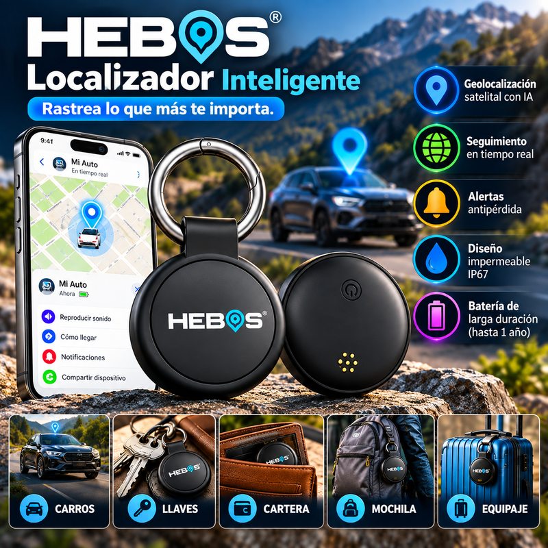 HEBOS Localizador inteligente compatible con Android e iOS | sistema de Rastreo global para carros, llaves, cartera, celular mochila y equipaje, tecnología de IA para geolocalizacion satelital.