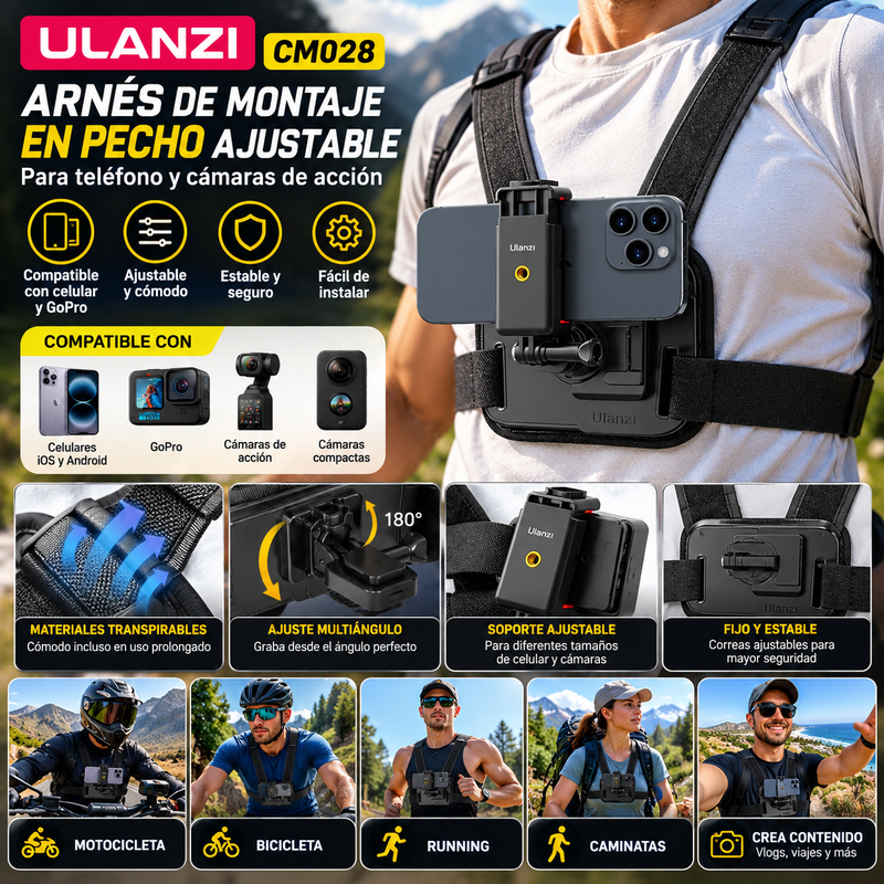 ULANZI CM028 Arnés de montaje en pecho ajustable para teléfono con cámara, disponible para celular y cámara GoPro ideal para crear contenido, grabar videos en 1er plano - Arnes de motocicleta, bicicleta, running, caminatas.