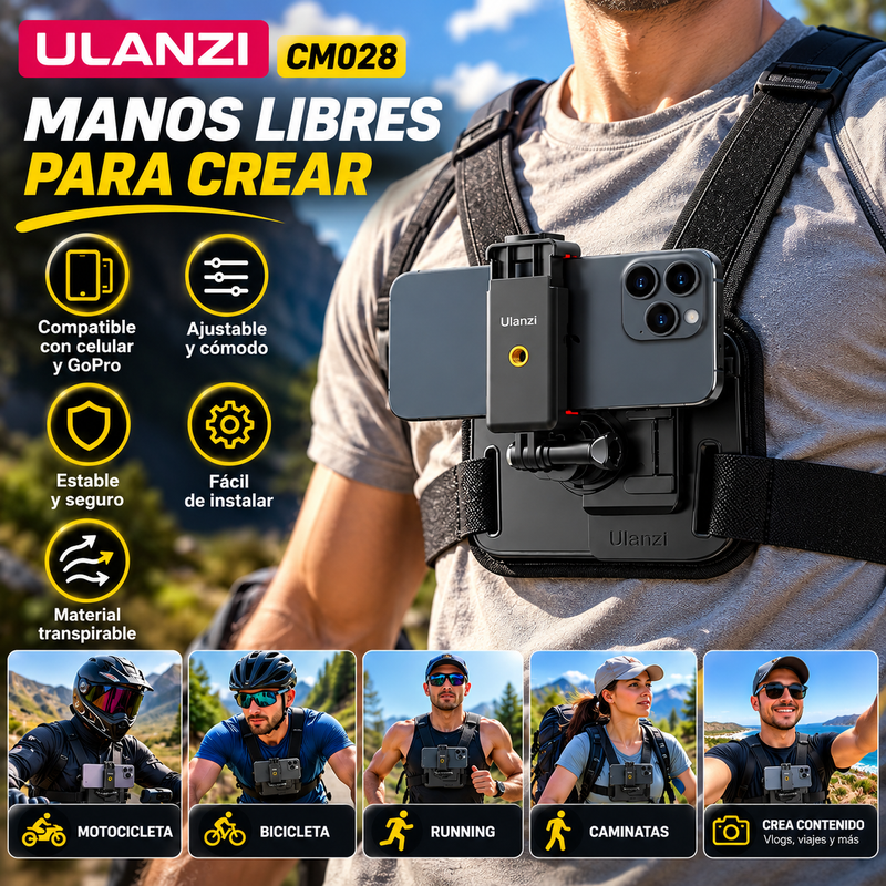 ULANZI CM028 Arnés de montaje en pecho ajustable para teléfono con cámara, disponible para celular y cámara GoPro ideal para crear contenido, grabar videos en 1er plano - Arnes de motocicleta, bicicleta, running, caminatas.