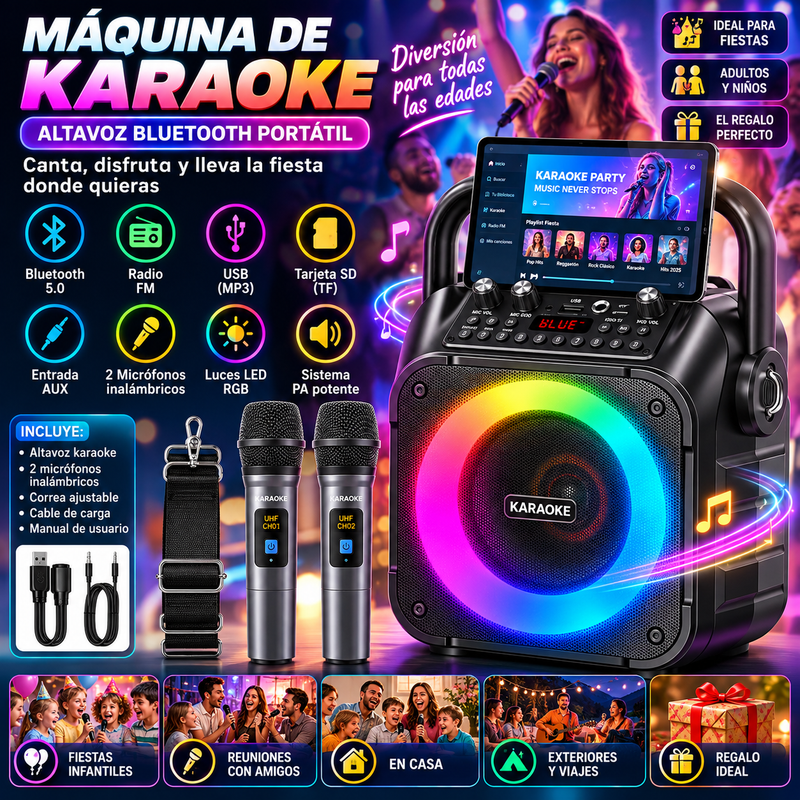 Máquina de karaoke, altavoz Bluetooth portátil con luz LED, radio, USB, SD, MP3 y 2 micrófonos inalámbricos para adultos y niños con luces, micrófono de karaoke con sistema PA compatible con USB/TF/FM/AUX para paquetes de sistema