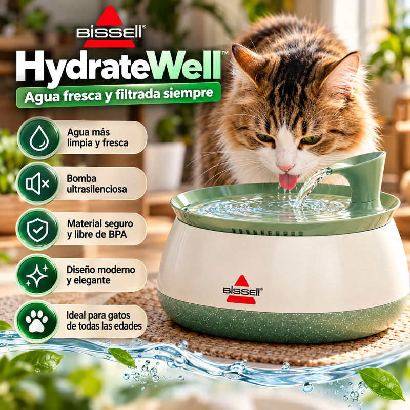 Fuente de agua para gatos BISSELL HydrateWell™️: agua fresca y filtrada con bomba inalámbrica ultrasilenciosa.