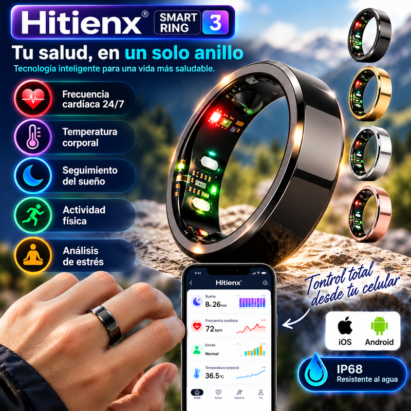 Hitienx Smart Ring 3 Ajustable – Seguimiento del sueño 24/7, monitoreo de frecuencia cardíaca y temperatura, análisis de pulso, estrés y ciclo, modo de cuidado familiar, compatible con Android/iOS, dispositivo wearable resistente al agua.