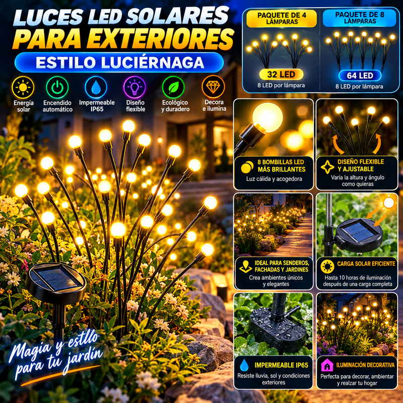 Luces LED solares para exteriores estilo luciérnaga: paquete de 4 u 8 lámparas decorativas impermeables tipo estaca para jardín, con encendido automático, 32 o 64 LED, crear una decoración original, ambientar e iluminar senderos.