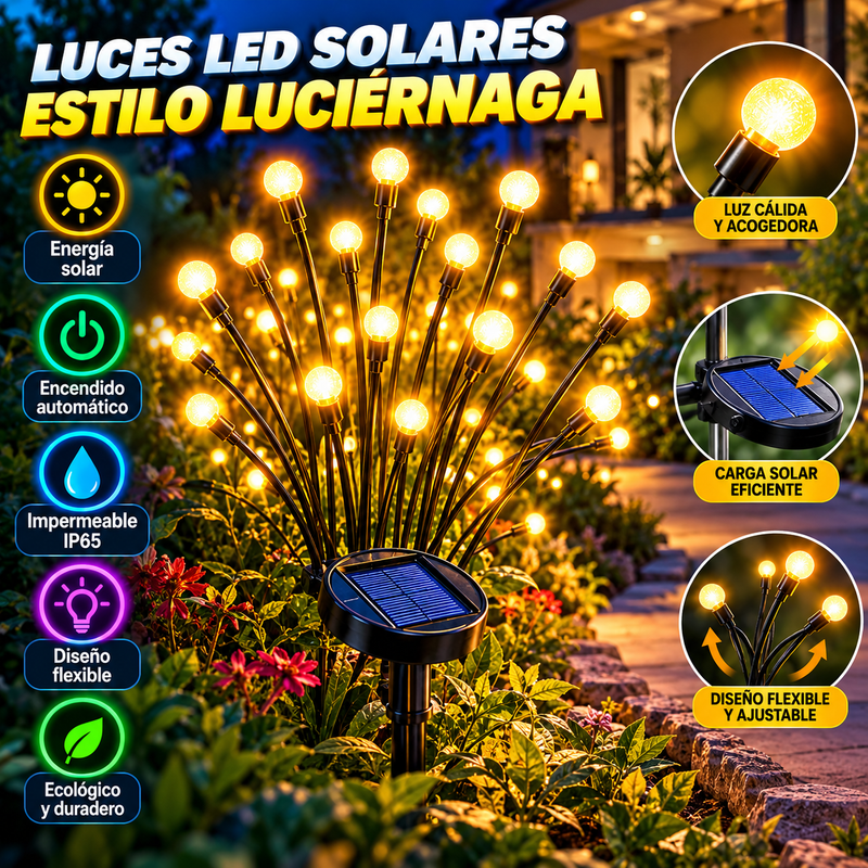 Luces LED solares para exteriores estilo luciérnaga: paquete de 4 u 8 lámparas decorativas impermeables tipo estaca para jardín, con encendido automático, 32 o 64 LED, crear una decoración original, ambientar e iluminar senderos.