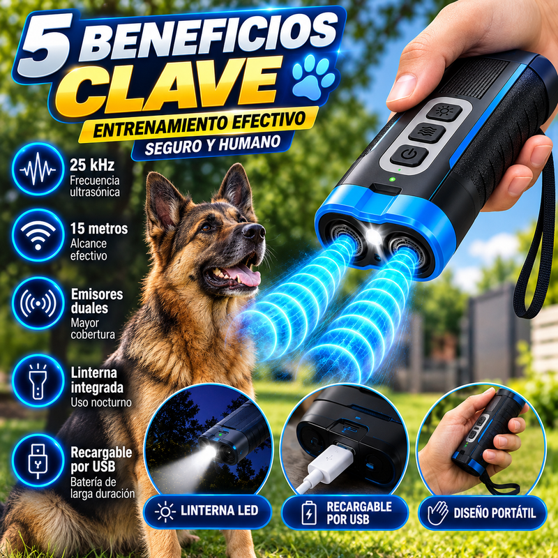 Dispositivo ultrasónico de adiestramiento y disuasión de ladridos: seguro y humano. Recargable por USB, emisores duales, alcance de 15 metros (50 pies), frecuencia de 25 kHz, linterna, empuñadura portátil, correa para la muñeca.