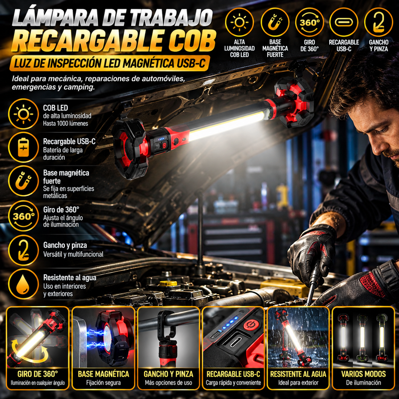 Lámpara de trabajo recargable COB, luz de inspección LED magnética USB-C con gancho y pinza, luz portátil giratoria de 360° para mecánica y reparaciones de automóviles, emergencias, y camping.
