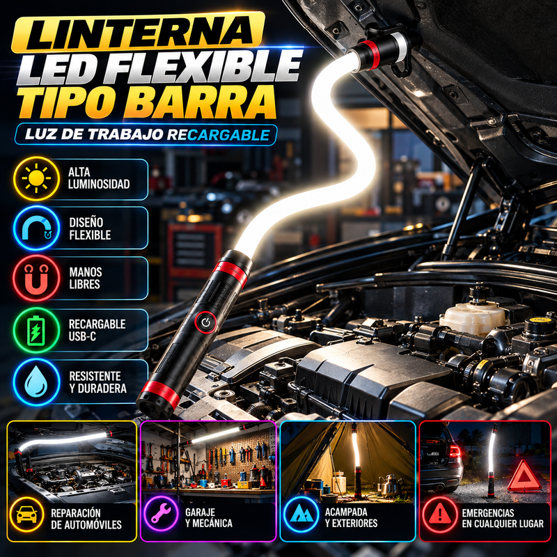 Linterna LED flexible tipo barra – Luz de trabajo LED recargable y flexible de 27 pulgadas; luz de inspección manos libres de alta luminosidad para reparación de automóviles, trabajo bajo el capó, garaje, mecánica, bricolaje, acampada y emergencias.