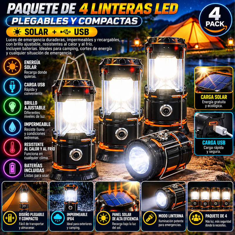Paquete de 4 linternas LED plegables y compactas: duraderas, impermeables, recargables mediante energía solar y USB, alimentadas por energía solar, brillo ajustable, resistentes al calor y al frío, baterías incluidas. Luces de emergencia con modo linterna
