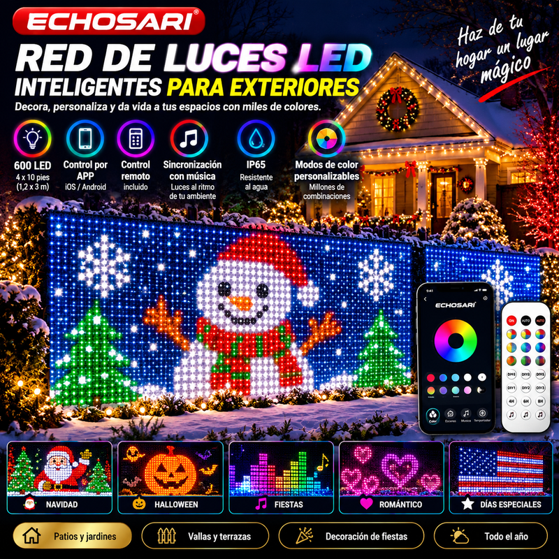 ECHOSARI Red de luces LED inteligentes para exteriores (600 LED, 4x10 pies), con aplicación y control remoto, sincronización con música, resistencia al agua IP65 y modos de color personalizables; ideal para patios, jardines, vallas y decoración de fiestas