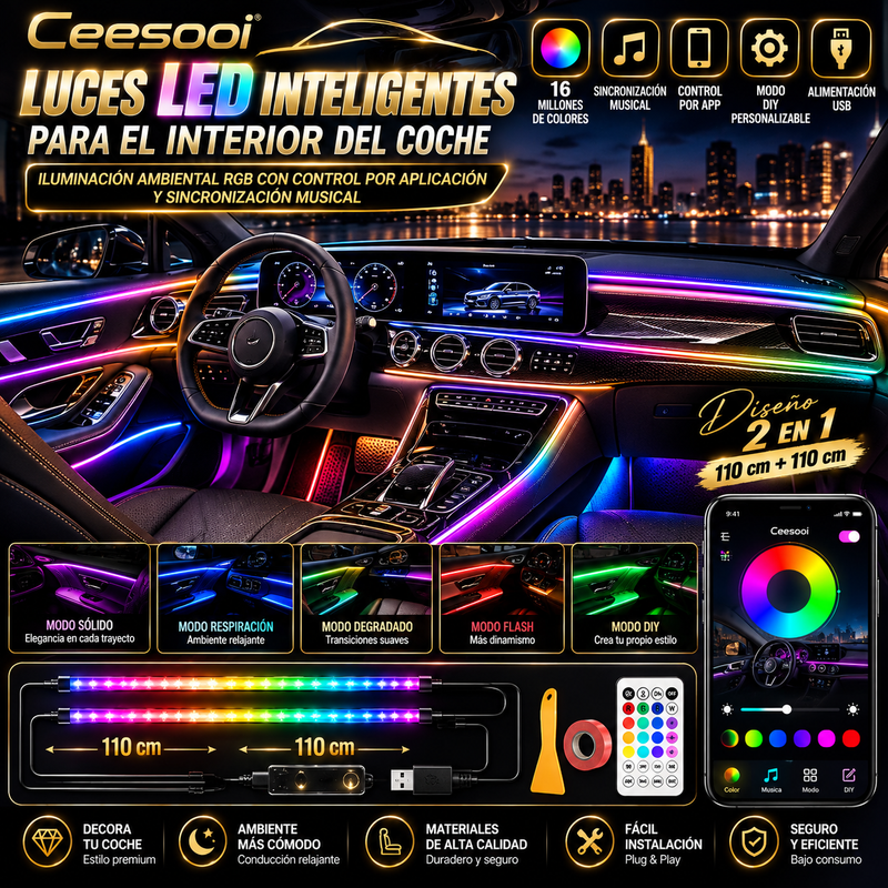 Luces LED inteligentes Ceesooi para el interior del coche: iluminación ambiental RGB alimentada por USB con control por aplicación y sincronización musical, modo personalizable (DIY), diseño 2 en 1 (110 cm + 110 cm), decoración multicolor.