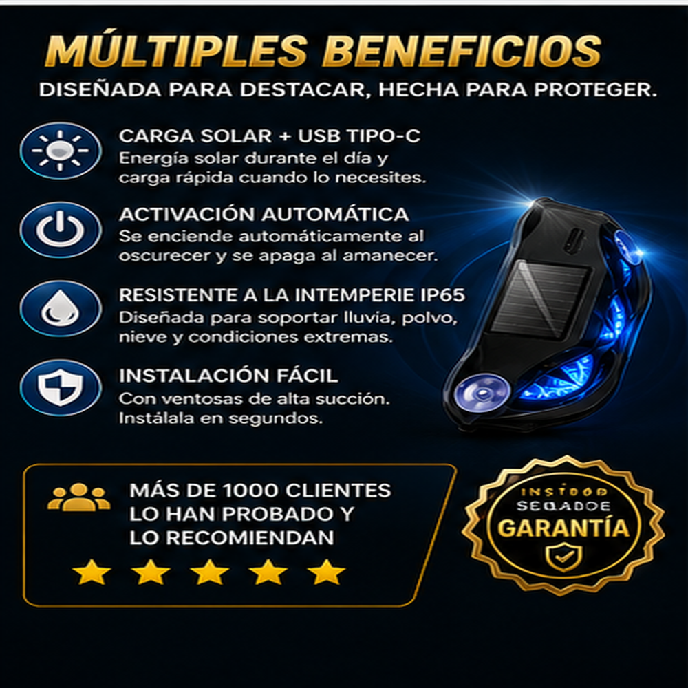 Luz premium de advertencia y de lujo LED para vehiculo Funciona con energía solar, resistente a la intemperie, activación automática al oscurecer: para mayor seguridad en la carretera.