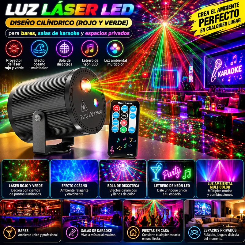 Luz láser LED: diseño cilíndrico (rojo y verde) para bares, salas de karaoke y espacios privados; incluye mando a distancia, Combina funciones de proyector con efecto océano, bola de discoteca, letrero de neón LED y luz ambiental multicolor.