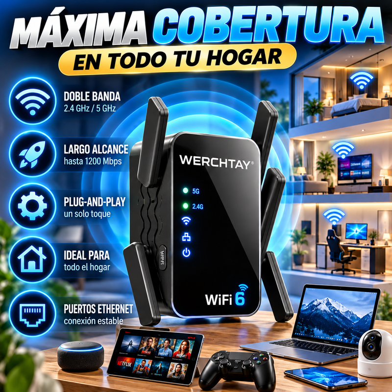 Amplificador de señal y extensor WiFi de doble banda WERCHTAY con puertos Ethernet; repetidor WiFi de largo alcance para el hogar: configuración sencilla «Plug-and-Play» con un solo toque, compatible con Smart TV y videojuegos.