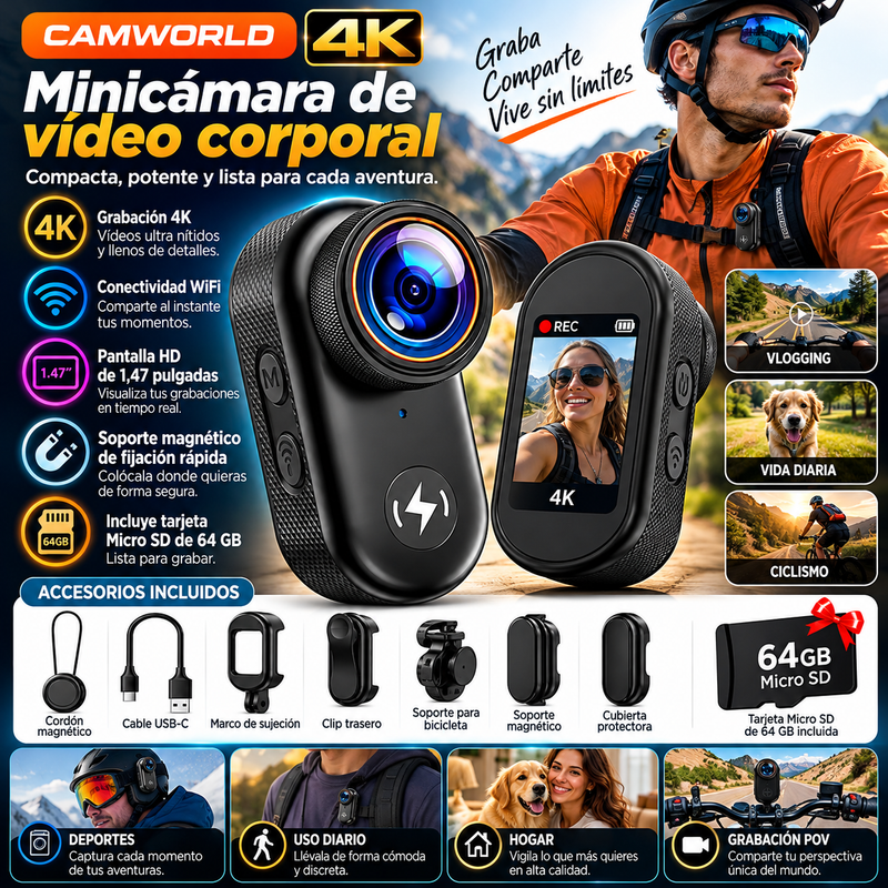CAMWORLD 4K: Minicámara de vídeo corporal incluye tarjeta de memoria Micro SD de 64 GB, clip, lente, conectividad WiFi, pantalla HD de 1,47 pulgadas y soporte magnético de fijación rápida; cámara corporal ideal para vlogging, perfecta para ciclistas.