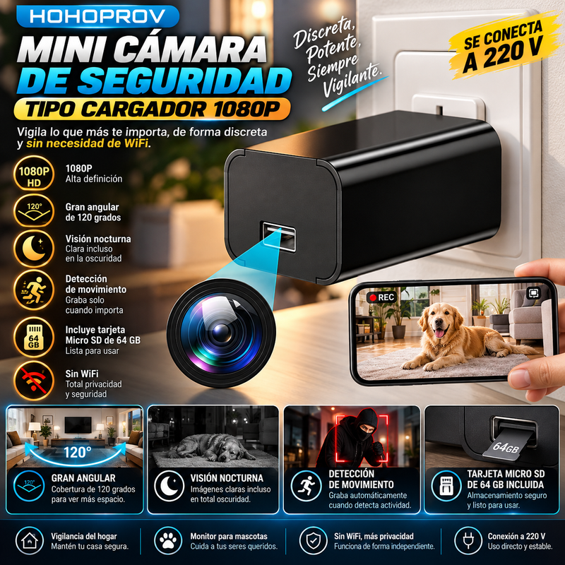 HOHOPROV Mini cámara de seguridad tipo cargador 1080P con tarjeta Micro SD de 64 GB, gran angular de 120 grados, conexión a toma de corriente de 220 V, visión nocturna, detección de movimiento y monitor para mascotas en casa (sin WiFi).