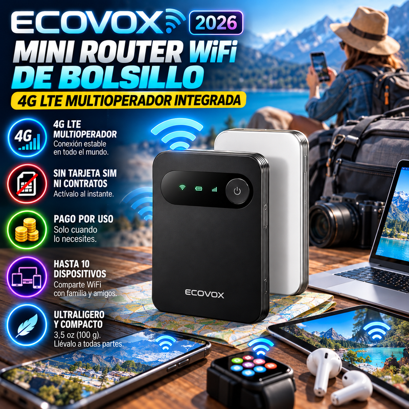 Mini router WiFi de bolsillo ECOVOX 2026: tecnología 4G LTE multioperador integrada, sin contratos ni tarjeta SIM, modalidad de pago por uso, diseño ultraligero (3,5 oz), conexión compartida para múltiples dispositivos, ideal para viajes.