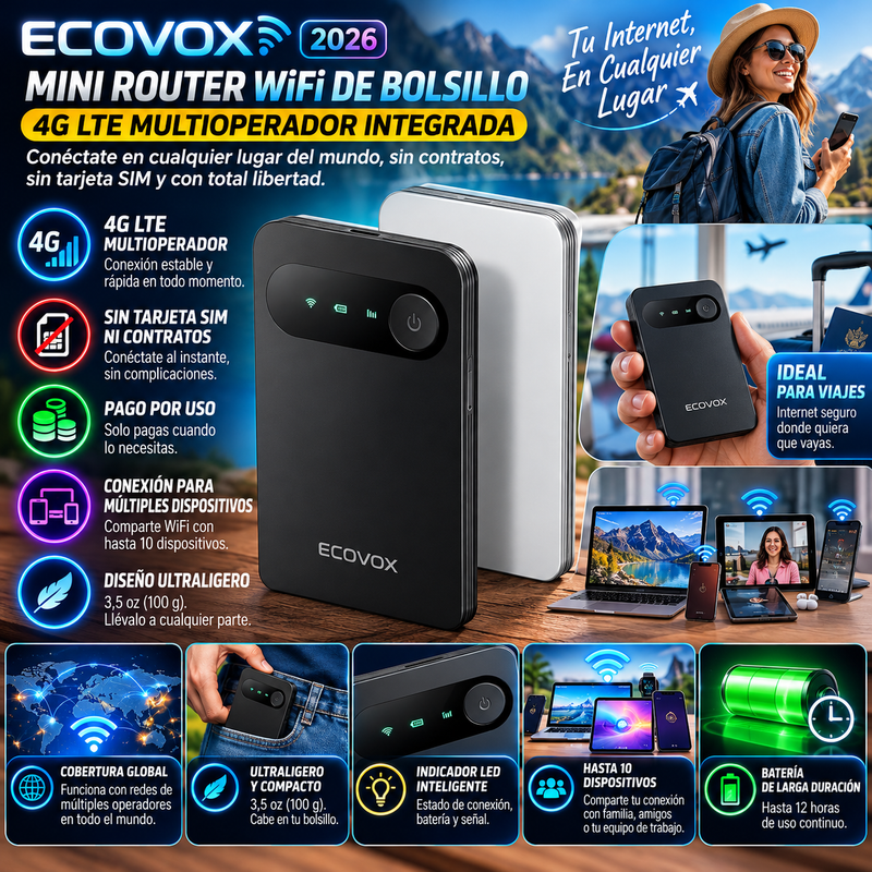 Mini router WiFi de bolsillo ECOVOX 2026: tecnología 4G LTE multioperador integrada, sin contratos ni tarjeta SIM, modalidad de pago por uso, diseño ultraligero (3,5 oz), conexión compartida para múltiples dispositivos, ideal para viajes.