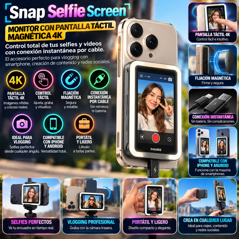 Snap Selfie Screen: accesorio de monitor con pantalla táctil magnética 4K y control táctil, conexión instantánea por cable para vlogging con smartphone/móvil; accesorio compatible con iPhone y Android.