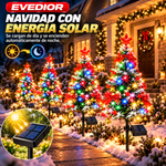 EVEDIOR Set de 4 árboles de Navidad solares para exteriores (35,4 pulgadas / 90 cm de altura), con efecto de nieve, luces LED multicolores y kit de adornos para personalizar; incluye lazos rojos, cascabeles y estrellas para la decoración de los jardines.